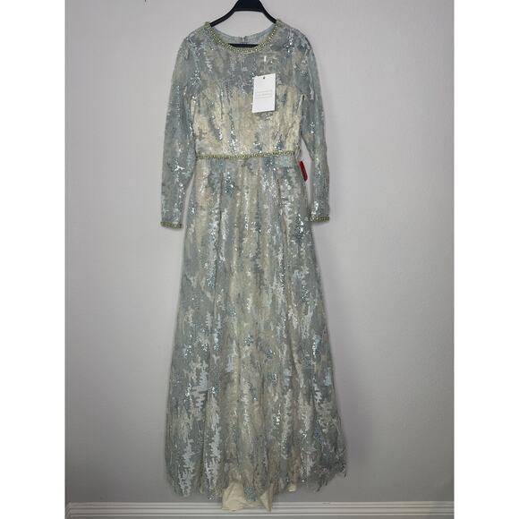 MAC DUGGAL Platinum Sequined 3/4 Sleeve Knee-Length Ball Gown 12460 Size 8 - Picture 1 of 11